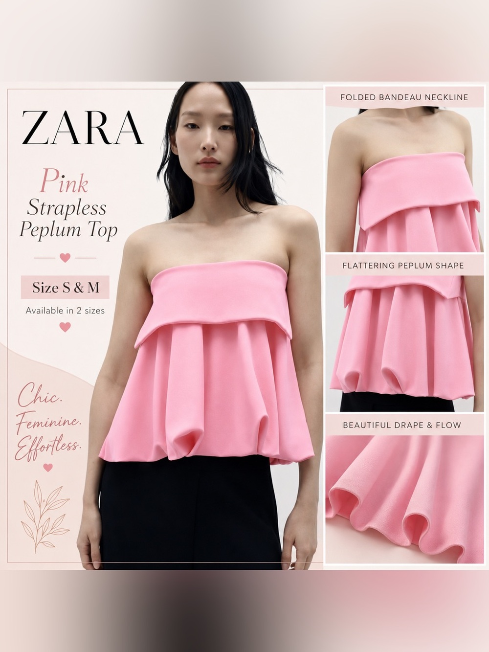 ZARA Pink Strapless Peplum Top size S M